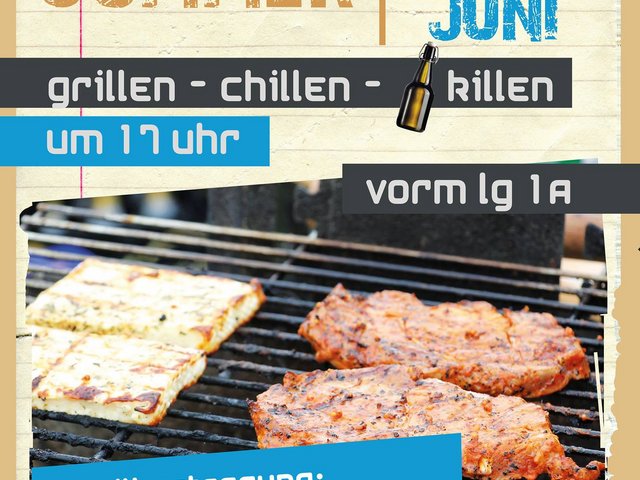 Grill mit Fleisch zur Werbung für das Grillen