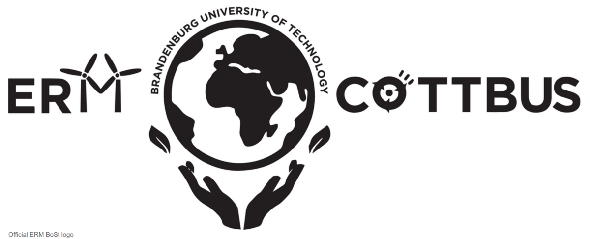 Schwarz-weißes „ERM Cottbus“-Logo mit Weltkugel in Händen und umlaufendem Text „Brandenburg University of Technology“.