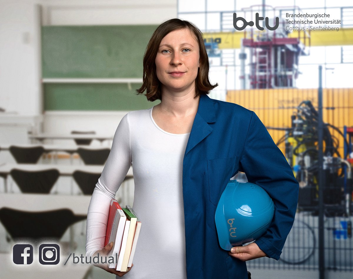 With her clothing - one half of her body in white / one half in a blue smock and hard hat - a student symbolizes the theoretical and practical aspects of the dual study program.