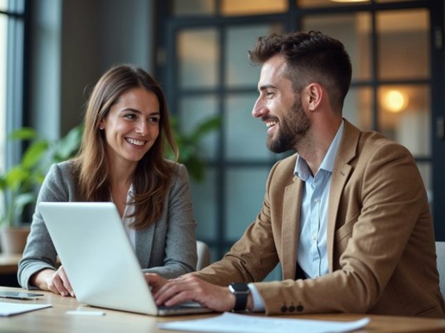 Eine Frau und ein Mann, vor einem Laptop sitzend, im Gespräch.