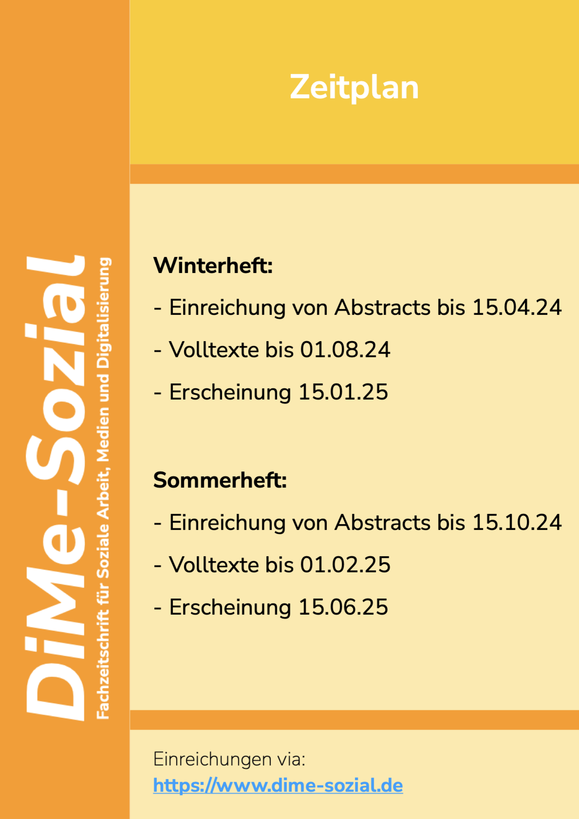 Die Grafik zeigt ein Poster zum Zeitplan der Fachzeitschrift DiMe Sozial.