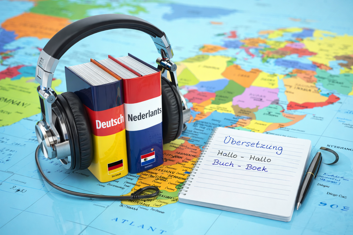 Das KI-generierte Bild zeigt einen Weltkarte auf dem zwei Wörterbücjher stehen (deutsch, niederländisch) und die mit einem Kopfhörer verbunden sind.  