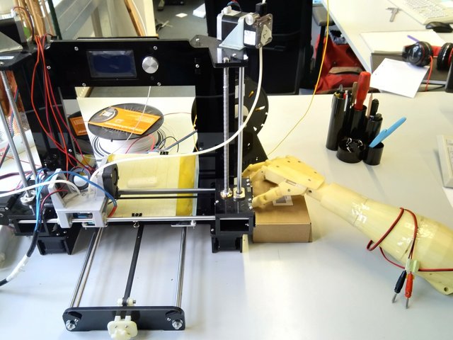 3D-Drucker, daneben eine Unterarmprothese, die im 3D-Druckverfahren hergestellt wurde. Foto: Laura Schmidt