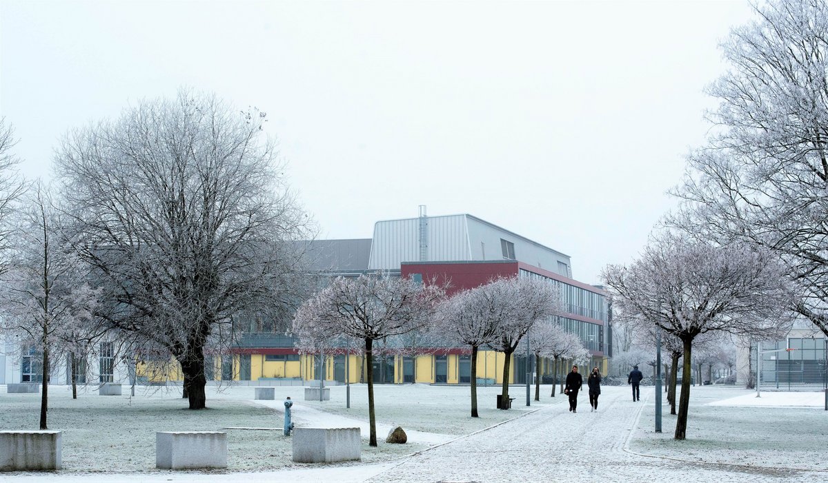 Blick auf den verschneiten BTU-Campus in Senftenberg.