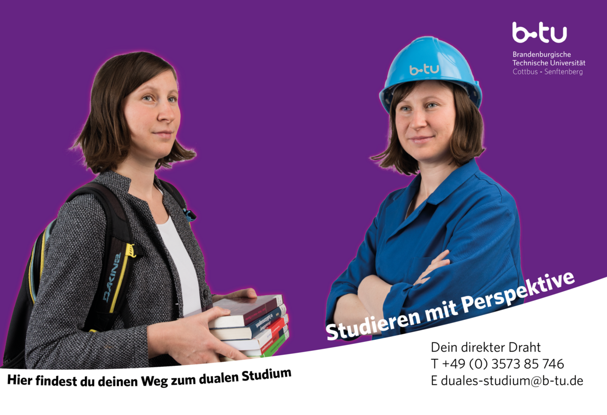 Banner for dual study program with contact details - shows a student in everyday clothes with books as well as in work clothes with safety helmet.