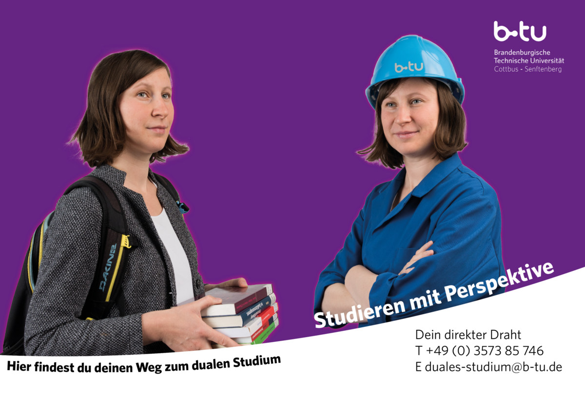 Banner zum dualen Studium mit Kontaktdaten - zeigt eine Studentin in Alltagskleidung mit Büchern sowie in Arbeitskleidung mit Schutzhelm.