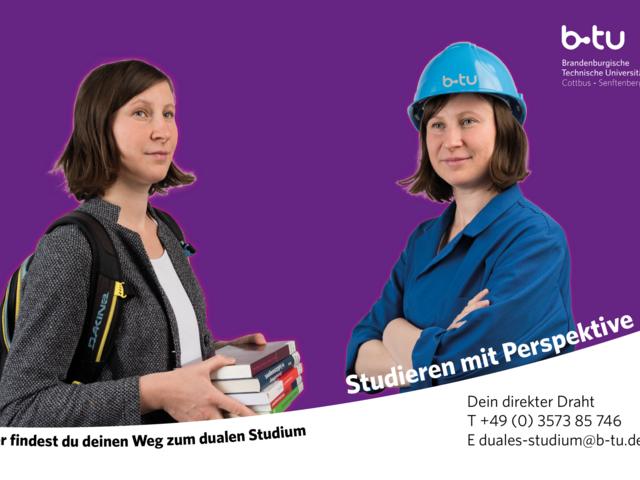 Banner zum dualen Studium mit Kontaktdaten - zeigt eine Studentin in Alltagskleidung mit Büchern sowie in Arbeitskleidung mit Schutzhelm.