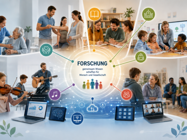 Dieses Bild wurde mit Hilfe von KI erzeugt. Das KI-generierte Bild stellt die vier Institute der Fakultät für Humanwissenschaft graphisch da: Gesundheitsberufe, Lehramt, Musikpädagogik und Soziale Arbeit.