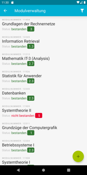 Smartphone Screenshot: Modulverwaltung, Notenübersicht