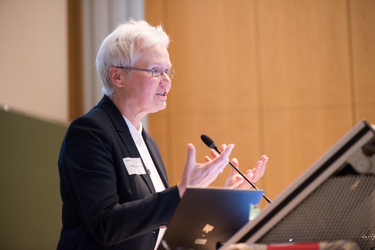 Prof. Dr. Gertrud Hundeborn vom Deutschen Institut für für angewandte Pflegeforschung, am Rednerpult stehend, bei ihrem Vortrag.