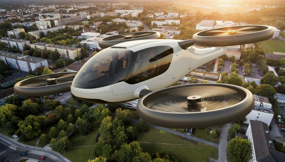 Visualization of a hybrid-electric air taxi above the BTU – symbolizing the new “LoPPer” project for the development of state-of-the-art aircraft engines using digital twins. 