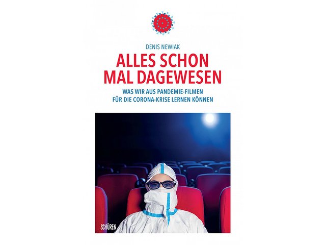 Buchcover von "Alles schon mal dagewesen" | Person in Vollschutz im Kino