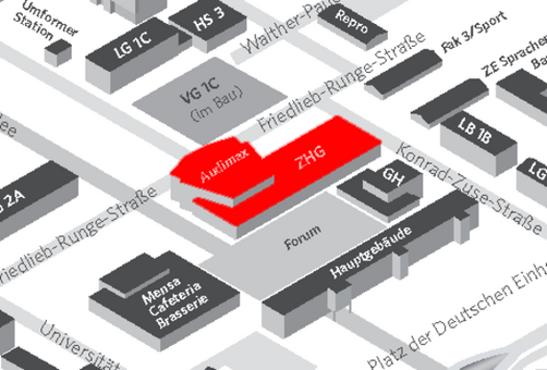 BTU Central Campus Cottbus - Detail to 'Central Auditorium Building' (ZHG) marked with red on the 'Campus Map'. BTU Central Campus Cottbus - Detail to 'Central Auditorium Building' (ZHG) marked with red on the 'Campus Map'.