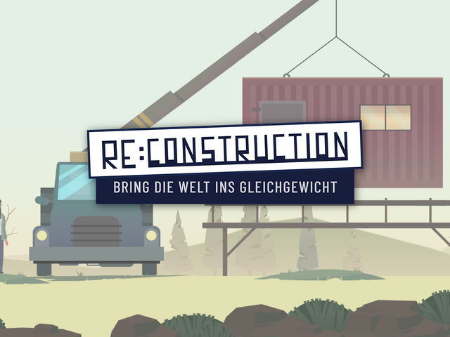 Banner zum Lernspiel, Grafik mit Autokran und dem Slogan re:construction