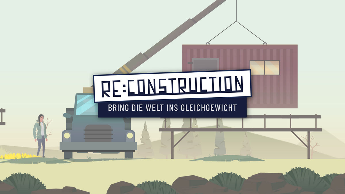 Banner zum Lernspiel, Grafik mit Autokran und dem Slogan re:construction