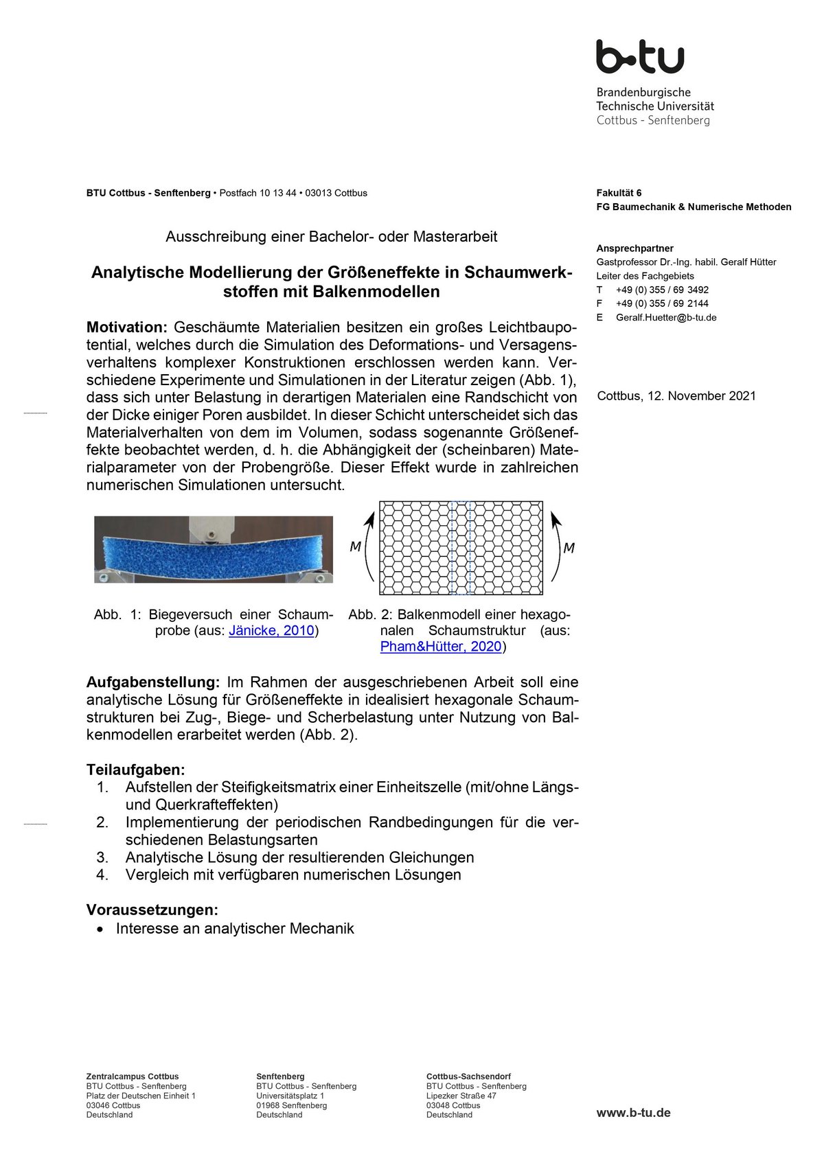 Ausschreibung: Analytische Modellierung der Größeneffekte in Schaumwerkstoffen mit Balkenmodellen