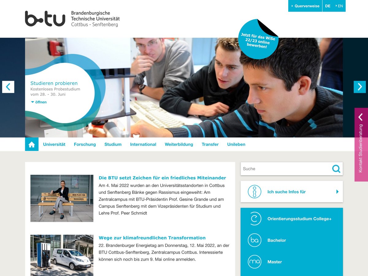 Screenshot der BTU-Startseite, vom 10.50.2022