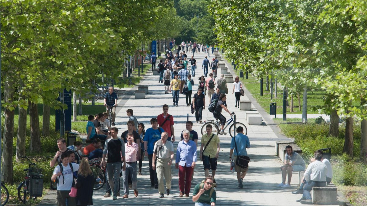 Studierende auf der Konrad-Wachsmann-Allee im Sommer