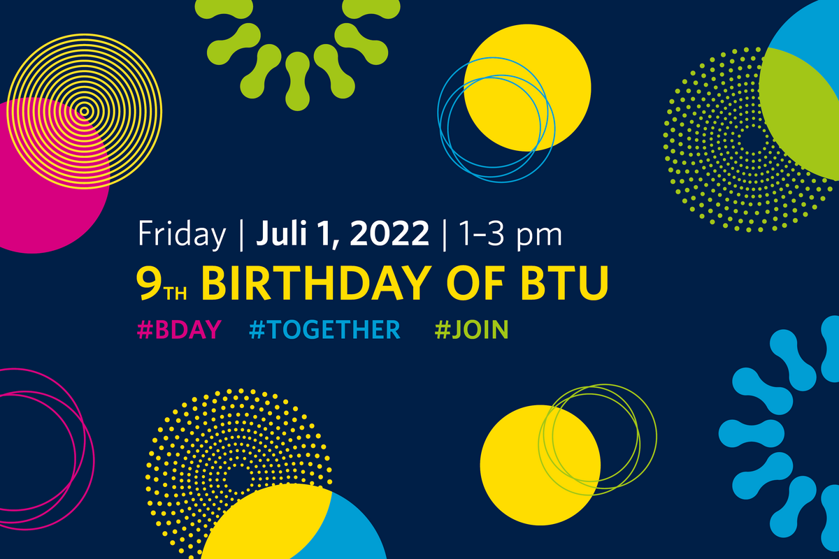 colourful motif of the invitation to the 9th birthday of the BTU