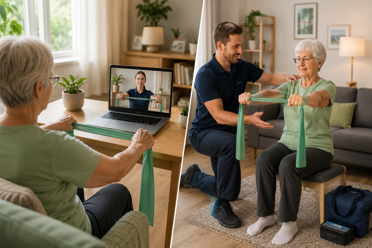 Das Foto (KI-generiert) zeigt wie einen ältere Person mit einem Terraband vor dem Laptop Übungen macht und eine ältere Person, die in Anwesenheit einer physiotherapeutischen Fachperson Übungen mit dem Terraband, auf dem Sofa sitzend, durchführt. Mobilie Geriatrie