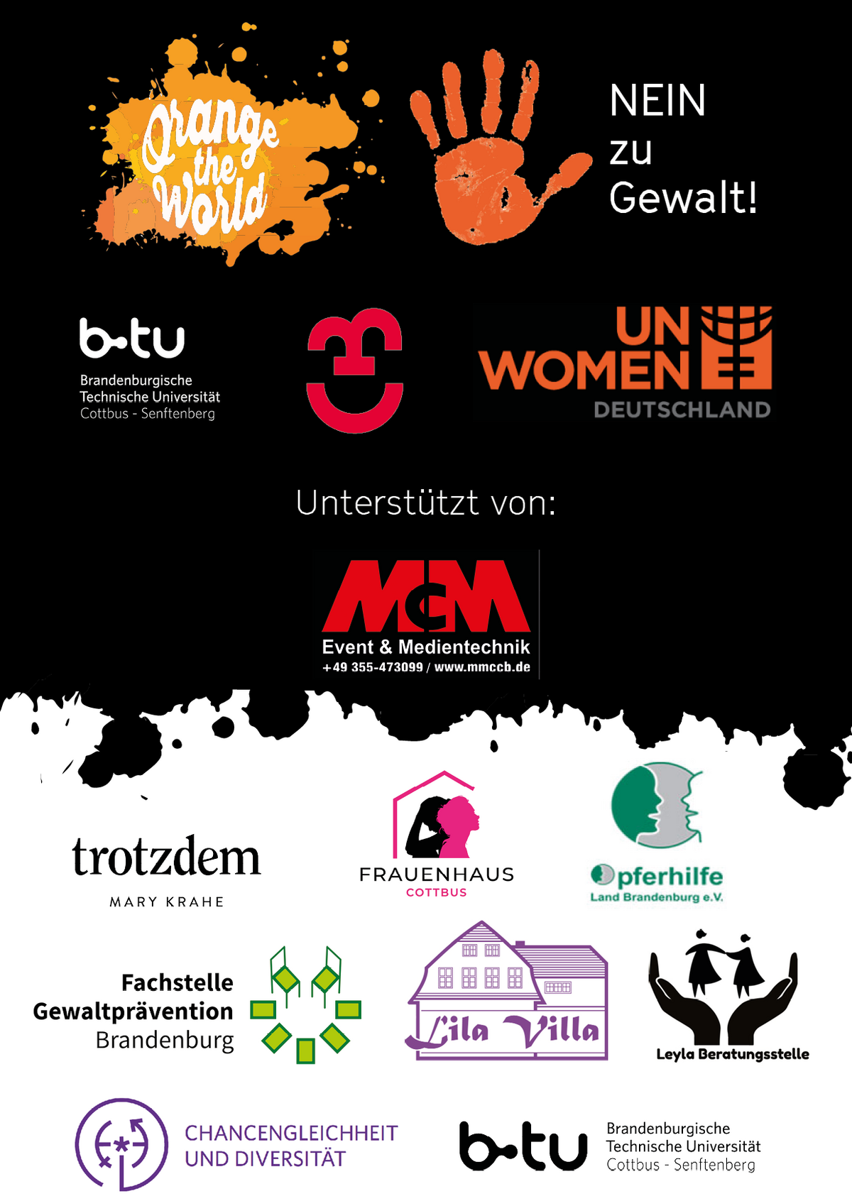 Flyer zum Infotag. Zeigt beteiligte Initiativen und Unterstützer*innen.