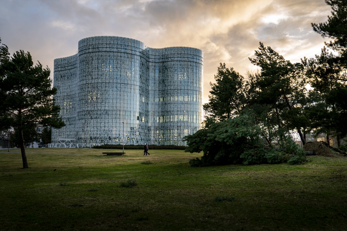 A modern building with a curved glass façade; it stands in a park with a lawn and trees, with a solitary figure walking in the foreground, against a cloudy sky bathed in warm evening light.
