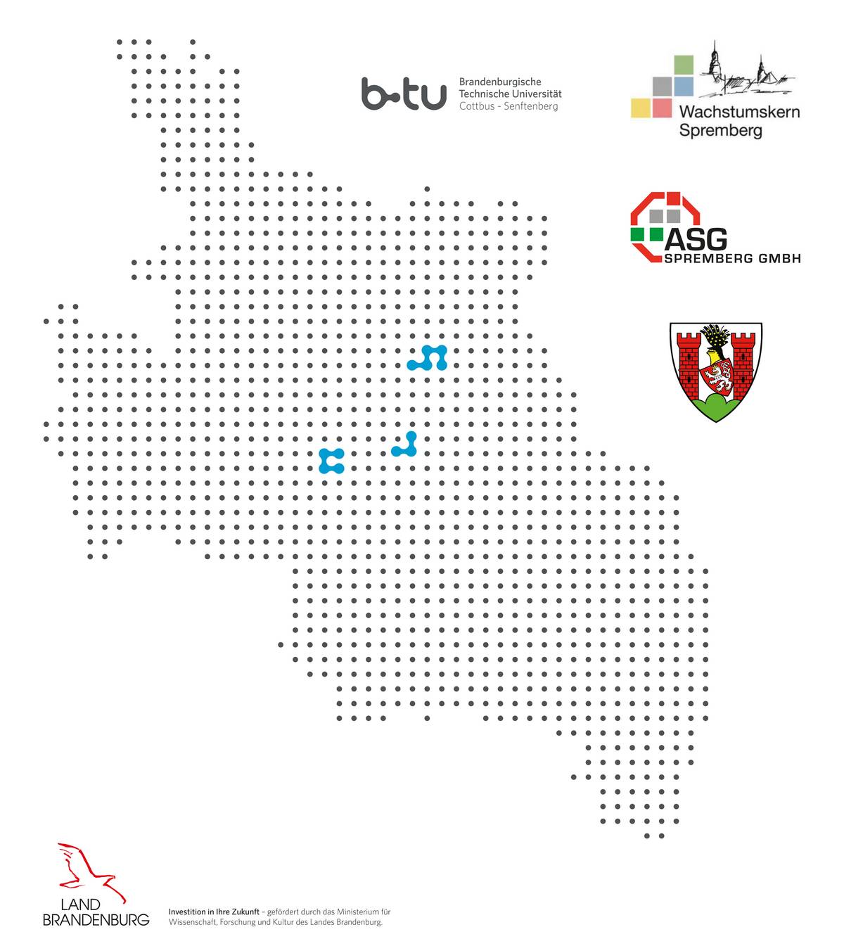 Schematische Darstellung der Lausitz mit Standortmarkierung und Kooperationspartnern der Präsenzstelle Schematische Darstellung der Lausitz mit Standortmarkierung und Kooperationspartnern der Präsenzstelle