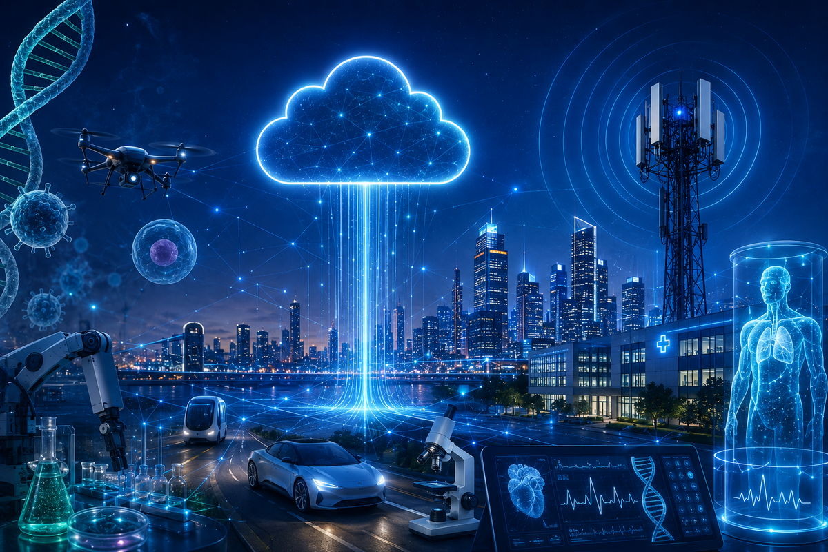 KI Bild einer Zukunftsvision einer Stadt, das eine Cloud und deren Datenströme zeigt