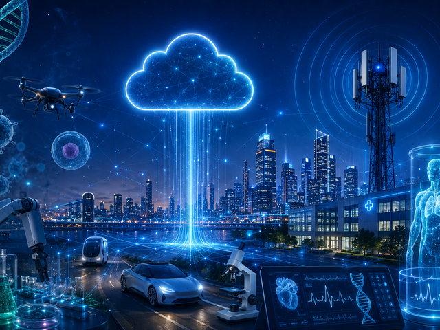 KI Bild einer Zukunftsvision einer Stadt, das eine Cloud und deren Datenströme zeigt