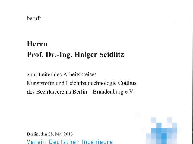 Berufungsurkunde vom VDI Bezirksverein Berlin-Brandenburg für Prof. Dr.-Ing. Holger Seidlitz