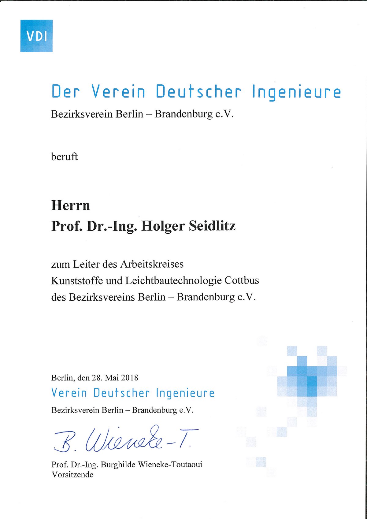 Berufungsurkunde vom VDI Bezirksverein Berlin-Brandenburg für Prof. Dr.-Ing. Holger Seidlitz