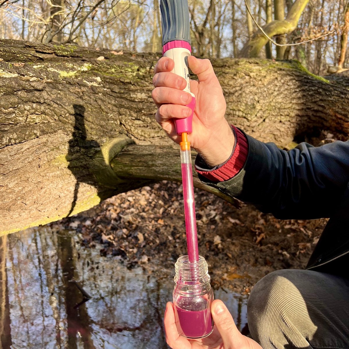 Foto von Probenahme eines verfärbten Kleingewässer in Madlow Cottbus