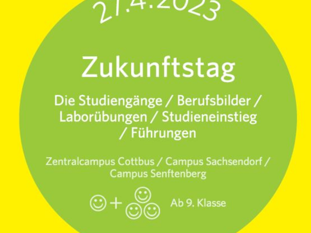 Das Bild zeigt einen grünen Krei mit weißer Schrift. Zukunftstag 2023 steht drauf.