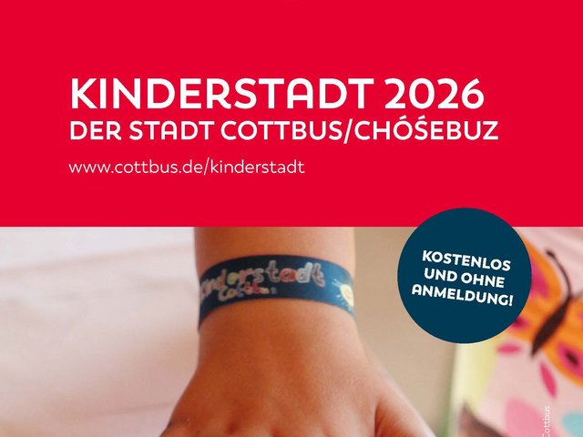 Roter Flyer der Stadt Cottbus für das Projekt Kinderstadt