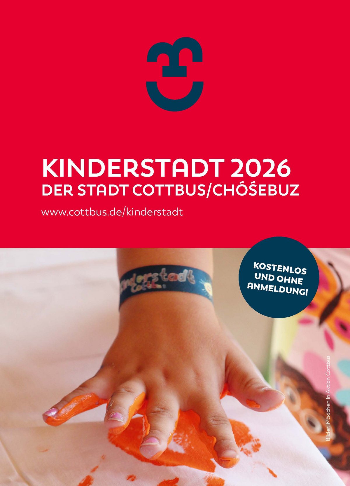 Roter Flyer der Stadt Cottbus für das Projekt Kinderstadt