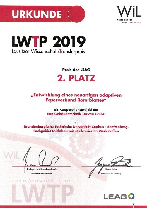 Urkunde des Lausitzer WissenschaftsTransferpreises 2019 Urkunde für den zweiten Platz des Lausitzer WissenschaftsTransferpreises