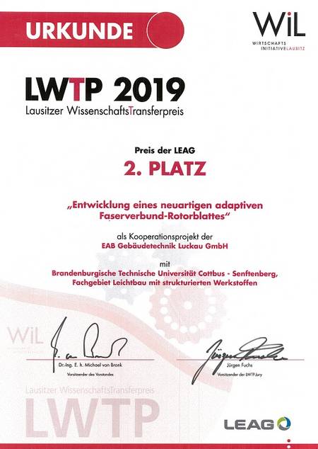 Urkunde des Lausitzer WissenschaftsTransferpreises 2019 Urkunde für den zweiten Platz des Lausitzer WissenschaftsTransferpreises