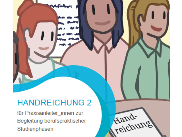 Das Cover zeigt drei Personen an einem Tisch, die eine Handreichung (Broschüre) überreicht bekommen. 