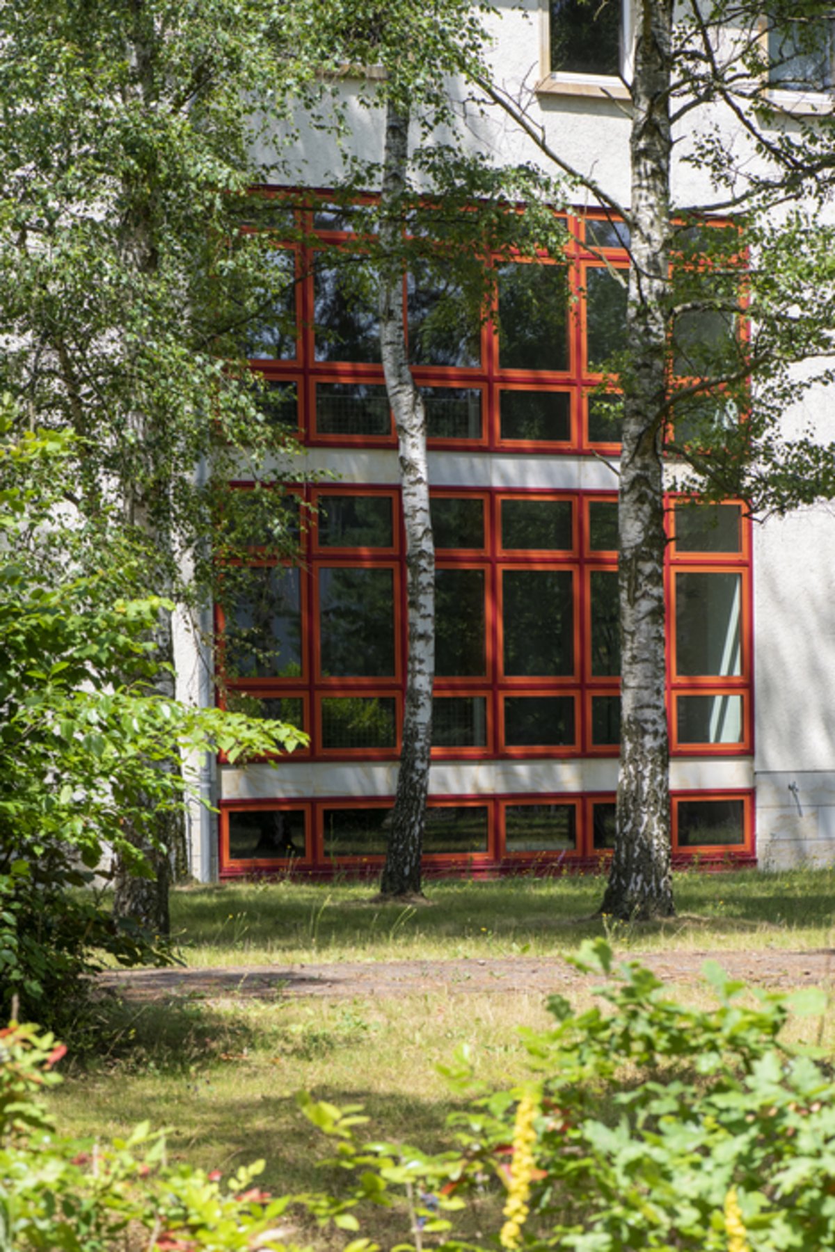 Das Foto zeigt einen Ausschnitt einer großen Glasfront in einem Haus. 