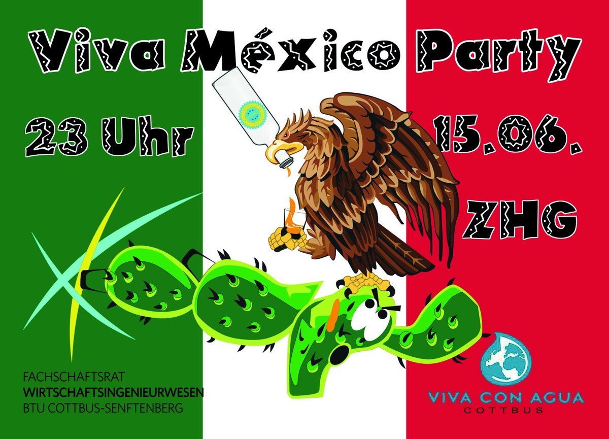 Vor der mexikanischen Flagge sitzt ein Adler auf einem Kaktus und trinkt Tequila. Herum werden Daten zur Feier angegeben.