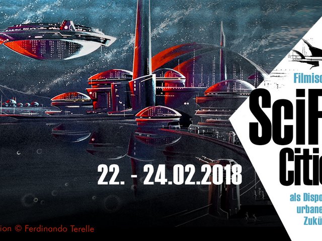 Illustration eines Science-Fiction-Stadt mit schwebenden Wohngebäuden