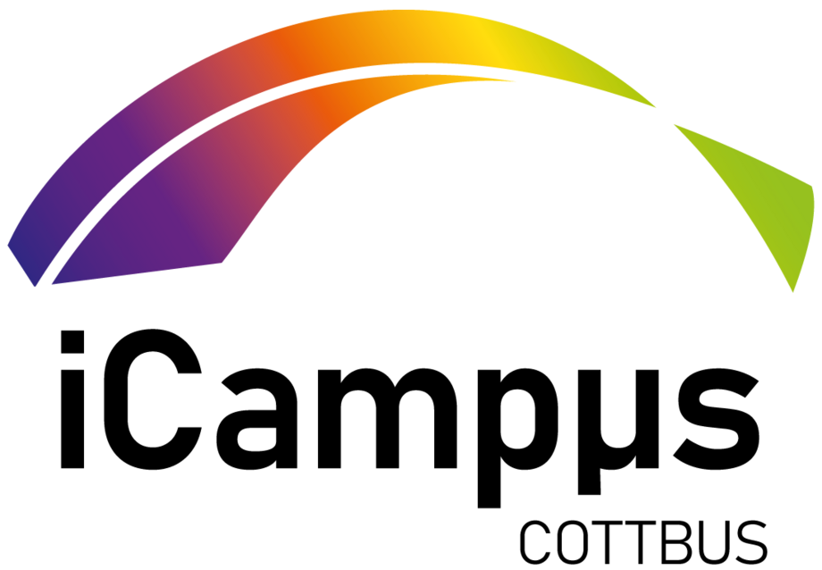 Logo iCampus mit einer Art "Regenbogen" über dem Text.