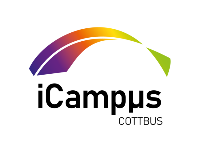 Logo iCampus mit einer Art "Regenbogen" über dem Text.