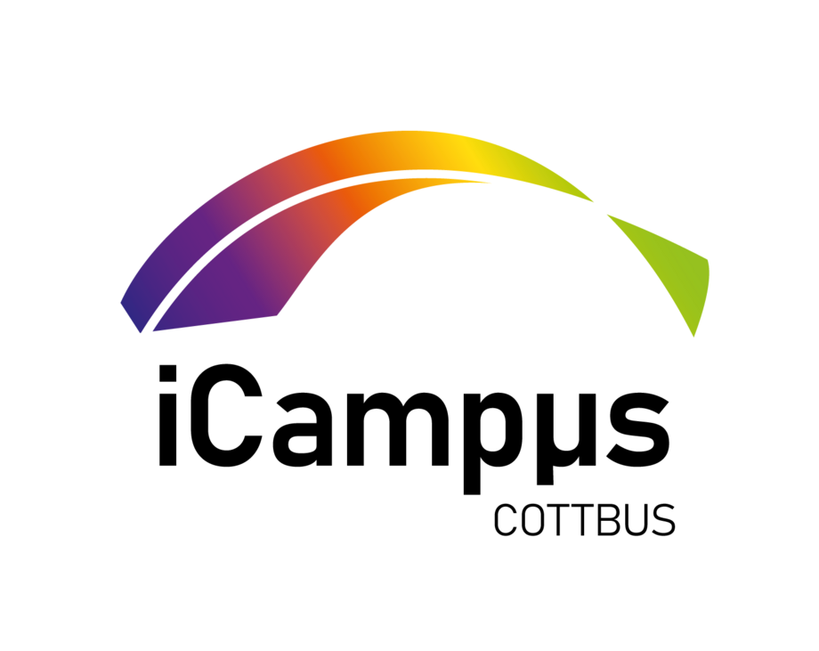 Logo iCampus mit einer Art "Regenbogen" über dem Text.