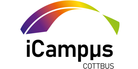 Logo iCampus mit einer Art "Regenbogen" über dem Text.