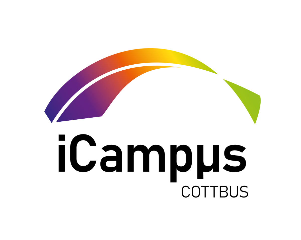 Logo iCampus mit einer Art "Regenbogen" über dem Text.