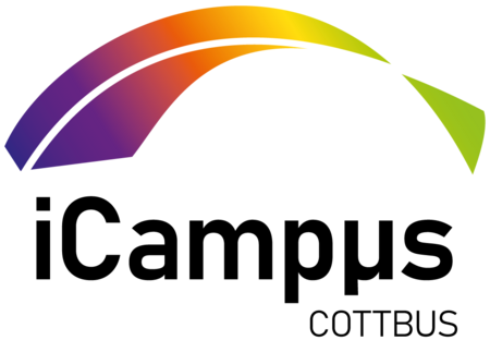 Logo iCampus mit einer Art "Regenbogen" über dem Text.