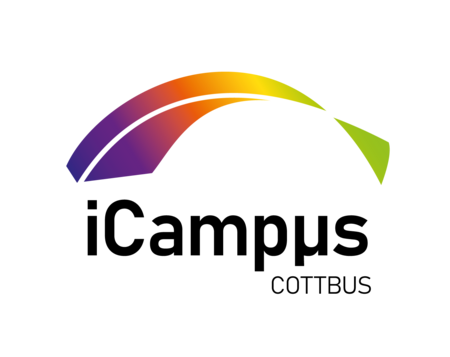 Logo iCampus mit einer Art "Regenbogen" über dem Text.