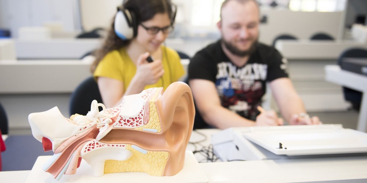 Im Vordergrund ein Modell des menschlichen Ohrs, im Hintergrund unscharf Studierende bei einem Hörtest