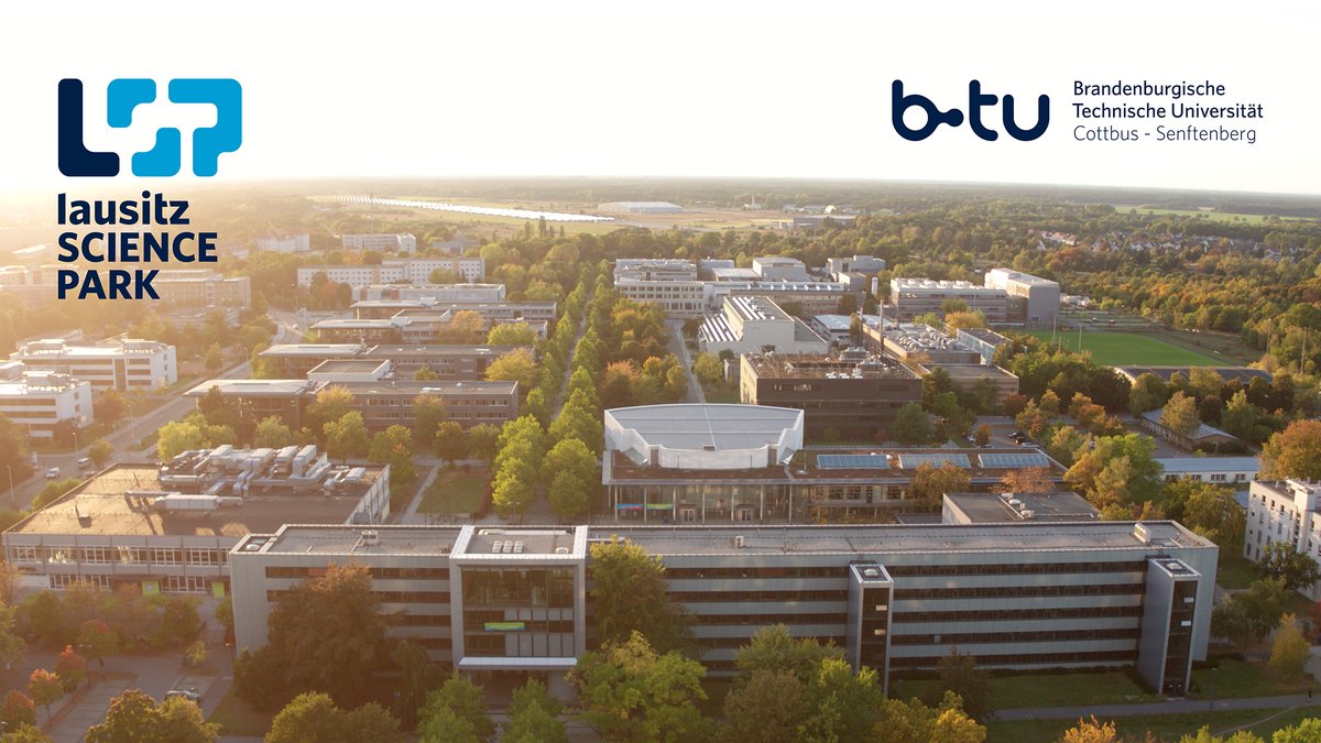 Luftaufnahme vom Zentralcampus mit Logo vom Lausitz Science Parkmpus